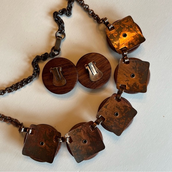 Elegant Vintage Copper, Wood, & Goldstone Necklace & Earring Set - Picture 7 of 8